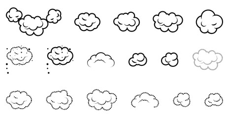 Obraz premium Set of seventeen cloud puff icons mixing bold outlines, stipple fills with dotted mist silhouettes. Ready for fragrance branding, deodorant packaging, steam graphics or airy hygiene interfaces