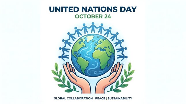 United Nations Day poster with global collaboration concept, world peace and sustainability illustration, diverse people holding hands around earth globe