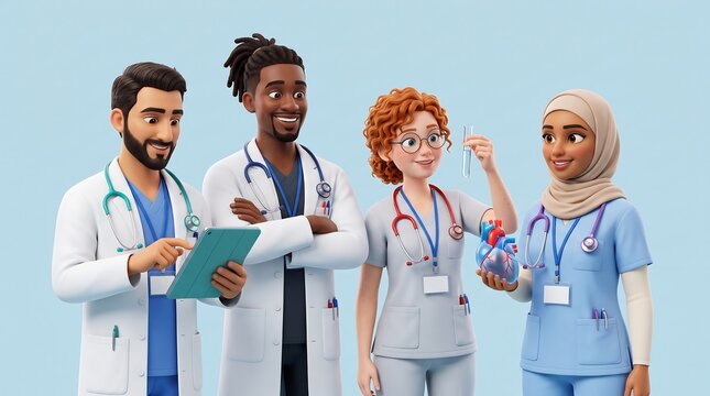 3D cartoon illustration of diverse medical team characters standing together on blue background.
