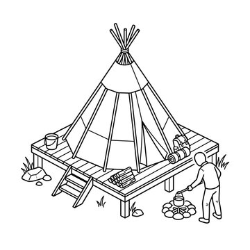 Isometric vector illustration of a person cooking outside a teepee