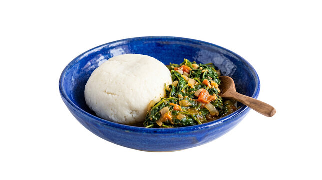 Ugali and Sukuma Wiki served in a blue bowl with a wooden spoon PNG Isolated on transparent background
