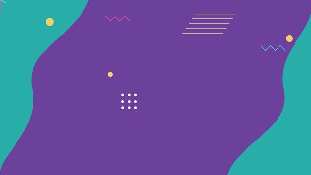 Abstract purple and teal wave background with geometric shapes.