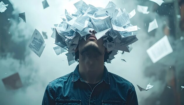 Man overwhelmed by falling documents, papers exploding from head, concept of information overload and stress