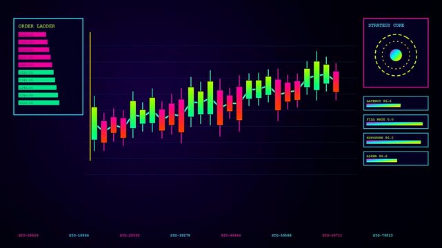 Algorithmic trading displays showing evolving financial market candle charts with colorful order ladder modules moving across a dark digital interface during active session electronic stock monitoring