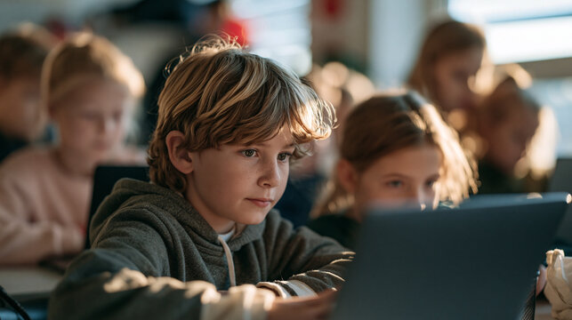 Young boy learning coding skills and digital literacy on a laptop in a modern classroom, focusing on technology education and future development
