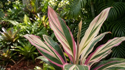 Obraz premium Close Up Visual Of Tropical Shrub Displaying Variegated Pink Cream And Deep Green Leaves In Backyard Garden variegated leaves tropical foliage ornamental shrub pink green leaves botanical close up