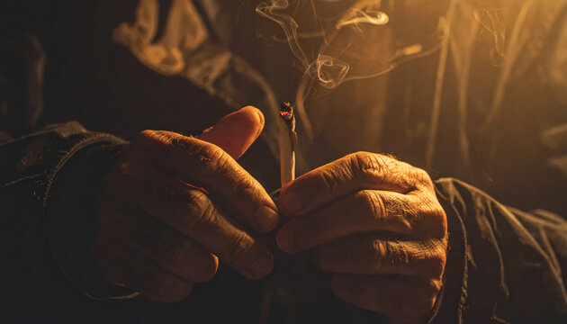 Close-up of hands holding a burning cigarette, with wisps of smoke rising against a dark, warm background