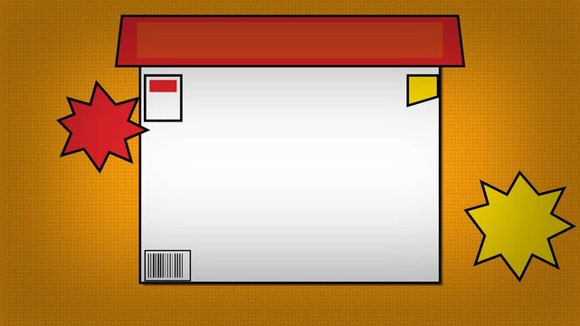 Cardboard box with shipping labels and explosion graphics.
