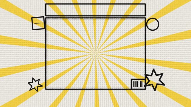 Vintage comic style frame with sunburst background and stars.