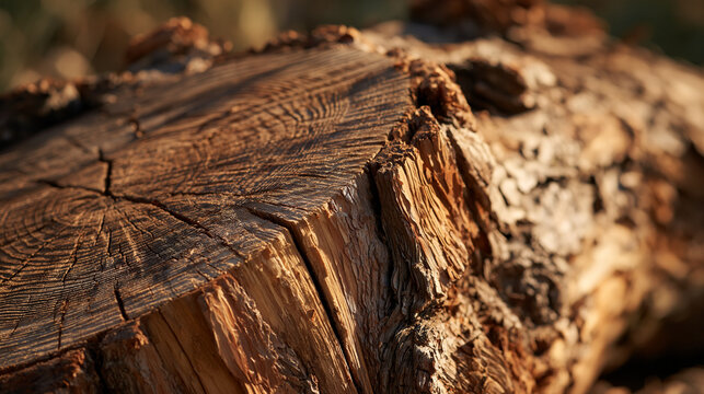 Aged tree stump surface revealing intricate wood grain patterns and growth rings, symbolizing natural beauty, sustainability, and the passage of time outdoors