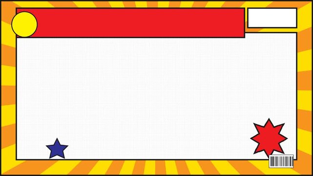 Colorful retro border frame with stars and explosion graphic.