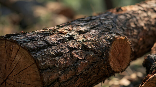 Cut log from a felled tree showing rough bark texture and visible annual rings, representing natural wood, timber production, and deforestation