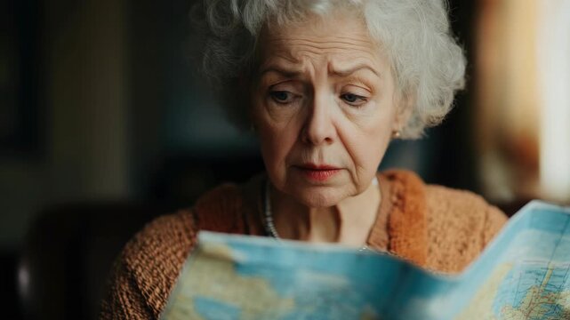 The captures an older woman engrossed in studying a map, perhaps planning her next journey or reminiscing about past travels.