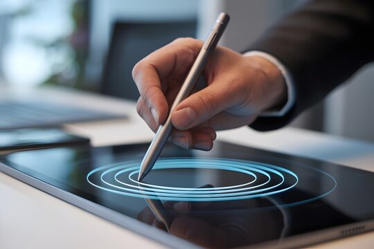 Business person drawing digital waves with stylus on touchscreen tablet
