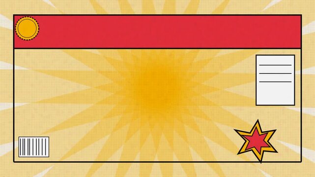 Vintage postal envelope with sunburst and red star design.
