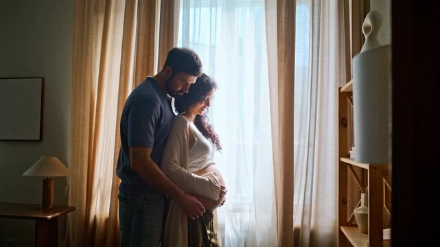 Husband embracing pregnant wife window home. Man holding belly bump maternity.