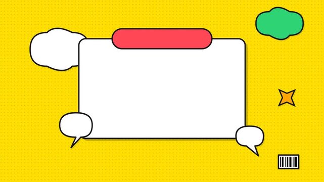 Colorful speech bubble graphic design on yellow background.