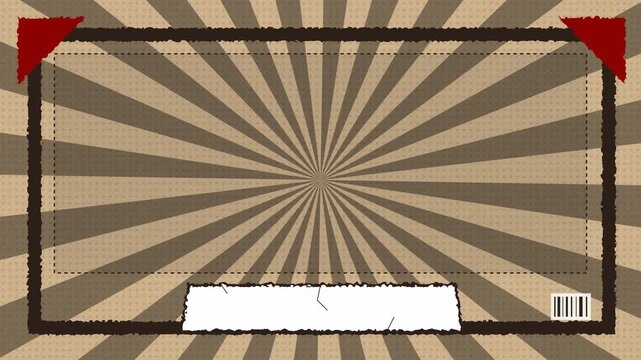 Vintage sunburst pattern with old paper texture and red corners.