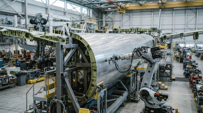 Modern aircraft assembly with fuselage jigs, wing spars, landing gear assemblies, robotic drilling arms, and polished aluminum skin in a bright hangar