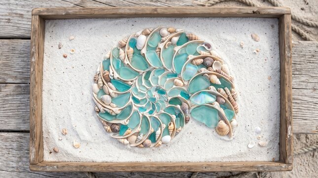 Nautical nautilus shell mosaic made of sea glass and seashells in sand-filled wooden frame on weathered wood background
