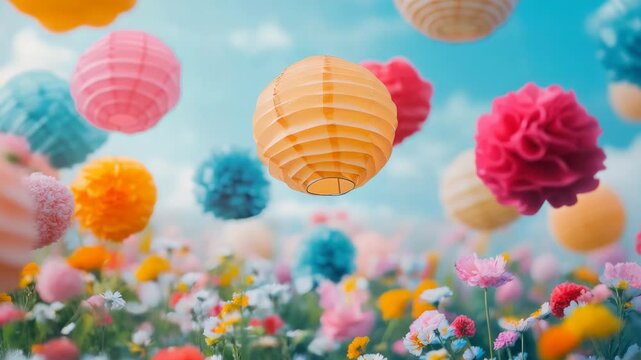 A vibrant garden filled with flowers and floating lanterns in the air.
