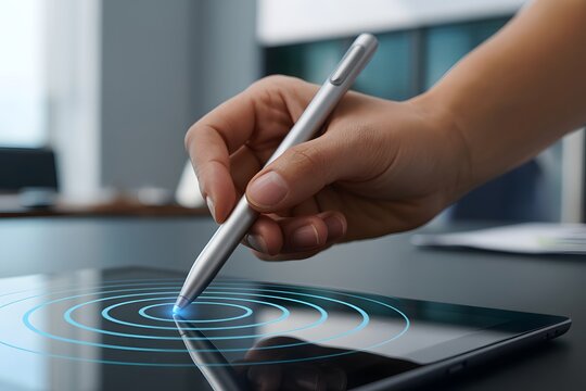 Close-up of hand using stylus pen on digital tablet screen with touchscreen