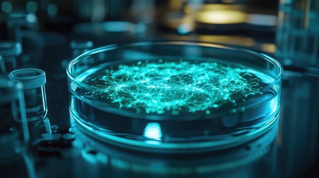 Glowing petri dish with electric blue neural network