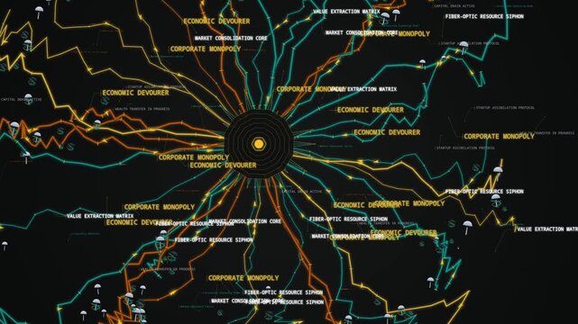 Conceptual animation of a corporate monopoly network map displaying economic devourers and wealth transfer in a dystopian market consolidation