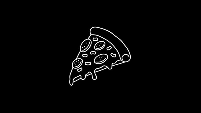 Pizza food animation in a cartoon doodle style, featuring a line-sketch concept against a black background; 4K video.