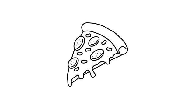 Hand-drawn pizza sketch animation, pizza with various toppings and melting cheese, looping motion graphics, black-and-white concept, 4K video.