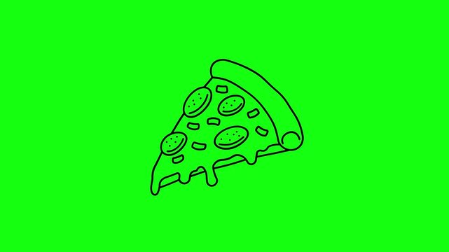 Pizza animation, delicious pizza with many toppings, green background, cartoon doodle concept, 4K video.