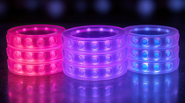 Three glowing translucent rings with internal LED lights in pink, purple, and blue hues, arranged in a row on a reflective surface with bokeh background.