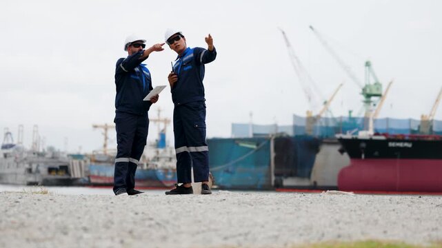 Two dock workers in safety gear inspect a cargo ship at a busy port, using a tablet and clipboard amid cranes and containers under a bright sky.