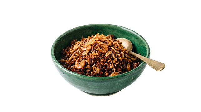 Thai Nam Prik Ong chili paste with dried shrimp and fried shallots in a green bowl PNG Isolated on transparent background