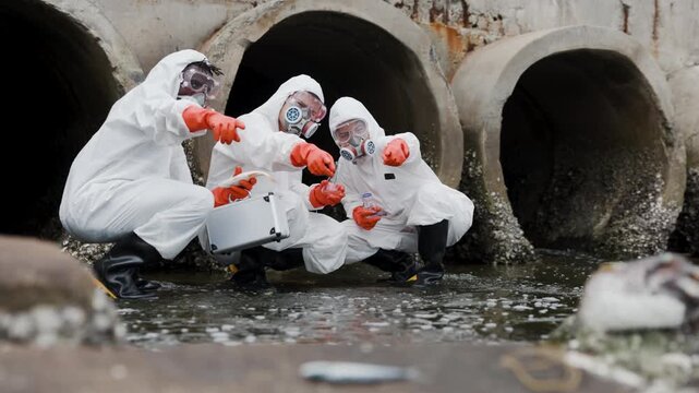 Team in protective suits sampling wastewater at sewer outfalls, investigating pollution in an urban drainage system.