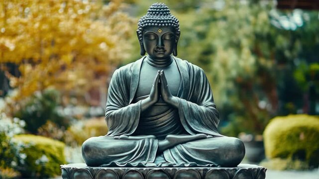A serene Buddha statue sits in meditation amidst a tranquil garden, symbolizing peace and enlightenment.