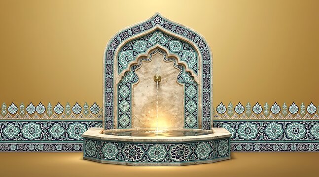 Elegant Islamic Fountain with Ornate Mosaic Tiles and Arched Design on Gold Background