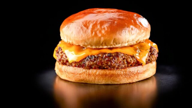 Cheeseburger with Mirrored Reflection on Dark Surface