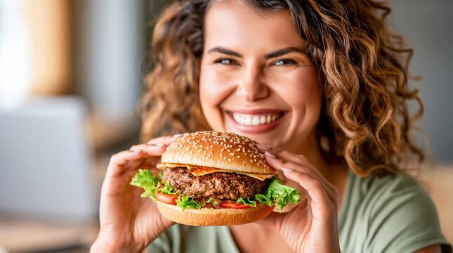 Freelancer Enjoying Cheeseburger During Casual Lunch Break