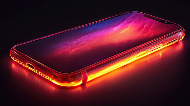 Futuristic Smartphone with Fiery Glowing Edges and Vibrant Nebula Wallpaper