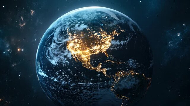 A digital of Earth with highlighted continents set against the backdrop of the galaxy.