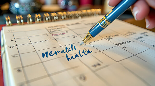 Hand writing 'Mental Health' in a planner, reminder for self-care and well-being, planning appointments and schedule