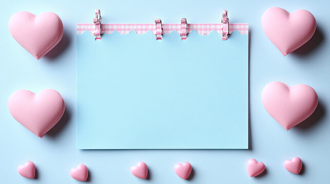 Sweet Pink Hearts Bordering Blue Paper with Clothespins, Valentine's Day or Love Concept Background