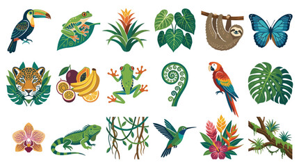 Obraz premium Tropical Animals and Plants Vector Icons - Flat Design Jungle Wildlife Illustrations