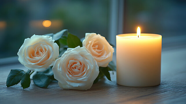 Soft white roses and a glowing candle on a windowsill, romantic and peaceful atmosphere, gentle light, elegant floral arrangement