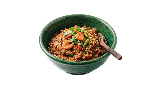 Spicy Shrimp Paste Dip with Chilies and Cilantro in a Green Bowl PNG Isolated on transparent background