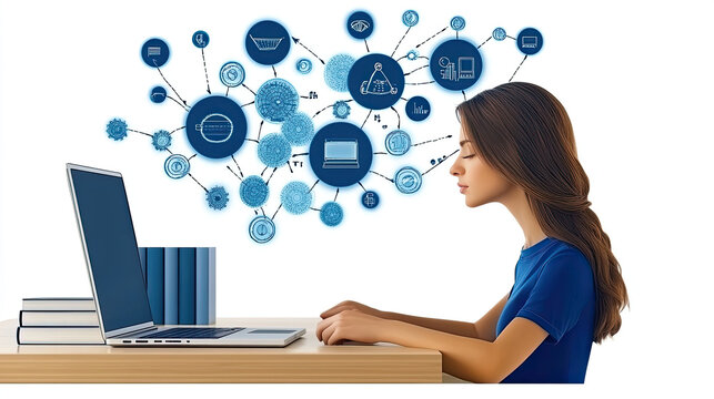 Young woman learning online, connecting ideas with digital network and laptop on desk