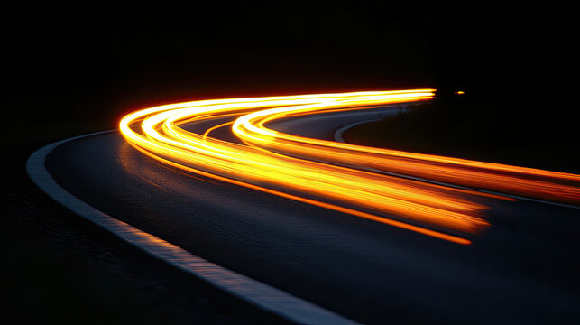 Nighttime car light trails curve on a dark asphalt road, motion blur effect, abstract speed concept
