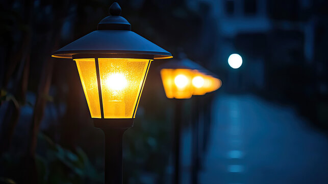 Warm glow of garden path lights at dusk, illuminating a serene evening walkway with soft, inviting illumination.