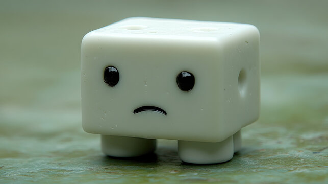 Sad Cube Toy Character with Big Eyes and Drooping Mouth, Close-up